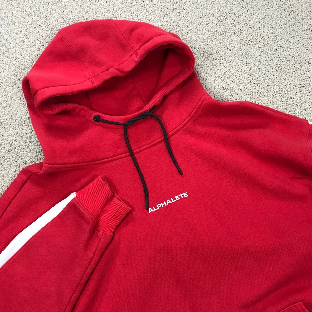 Alphalete Mens XL Red Hoodie White Sleeve‎ Stripe Athletic Fleece Sweatshirt